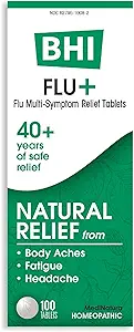 BHI Flu + Cold Multi- symptom Relief Natural Safe Non- Drowsy Remedy 11 Målrettede homøopatiske aktive ingredienser til Body Aches, Træthed, kulderystelser og hovedpine - 100 tabletter