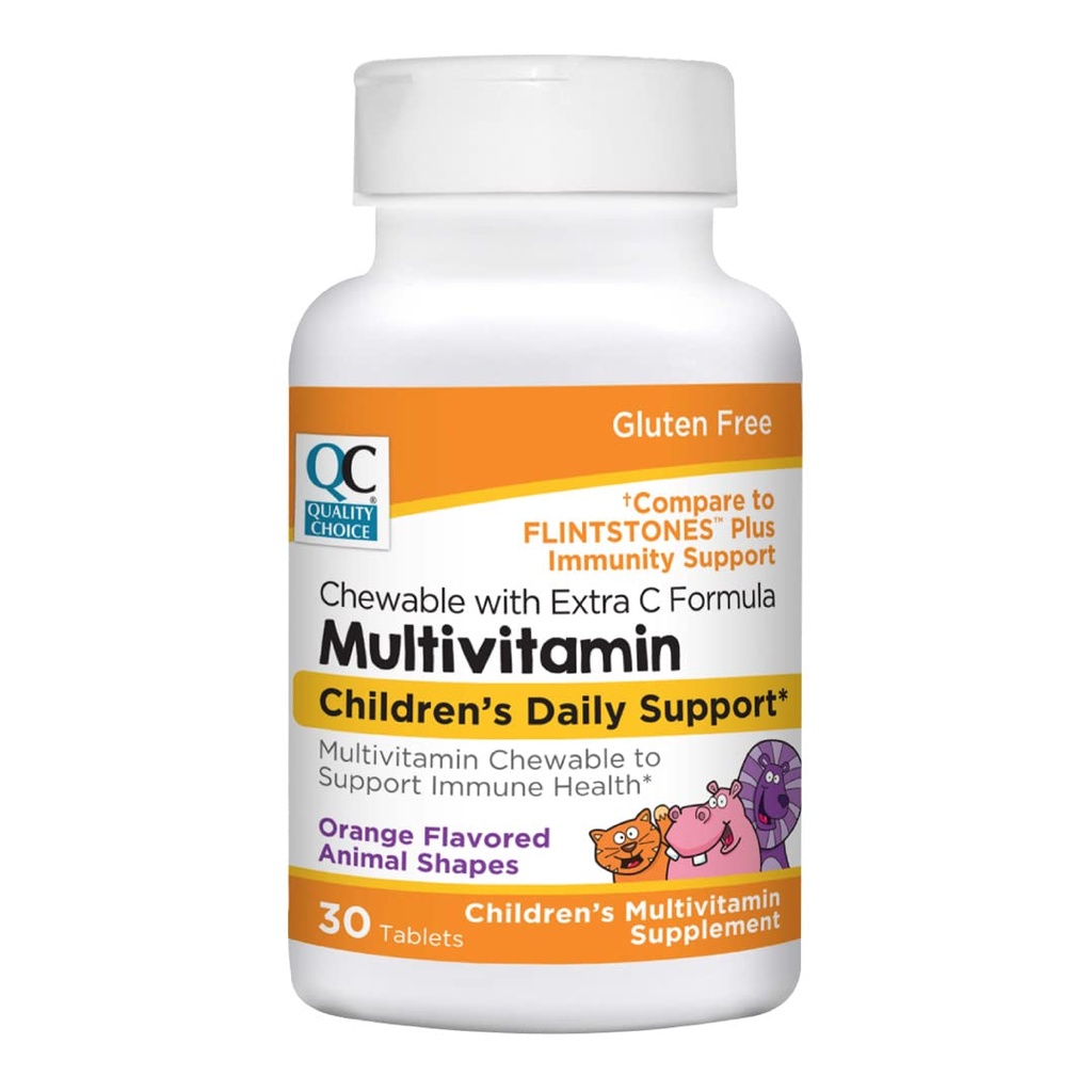 Kvalitetsvalg, Chewable Animal Shaped Children 's Multivitamin med ekstra C-vitamin, Children' s Daily Support Orange Flavored Multivitamin Immun Health Supplement, 30 Count Flaske