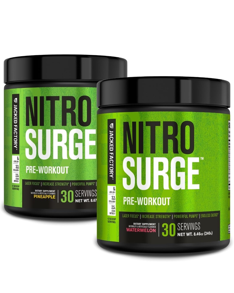 Jacked Factory NITROSURGE Pre Workout Supplement - Endless Energy, Instant Strength Gains, Clear Focus (Pineapple 30sv & Watermelon 30sv)