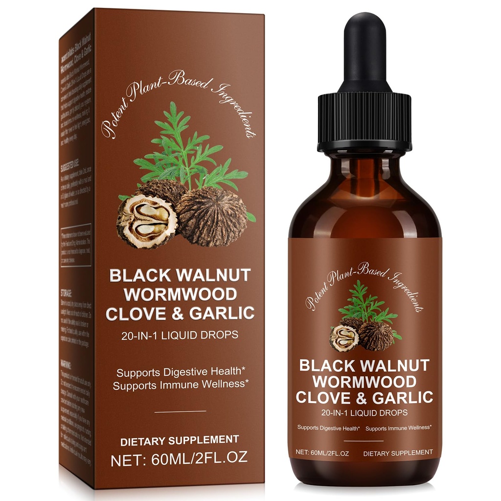 Tiuedu Black Walnut & Wormwood Herbal Liquid Drops, 20-in-1 Plant-Based Herbal Wellness Formula with Clove, Garlic, Pumpkin Seed & Milk Thistle, Fast-Absorbing Liquid, 60ml