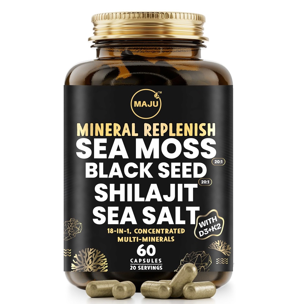 Maju Superfoods 18- in-1 Sea Moss, Black Seed, Shilajit, Sea Salt + D3 & K2, Koncentreret Ekstrakter, Trace Multi Mineral Capsules, for Mænd & Kvinder Mineral Electrolytes Kosttilskud
