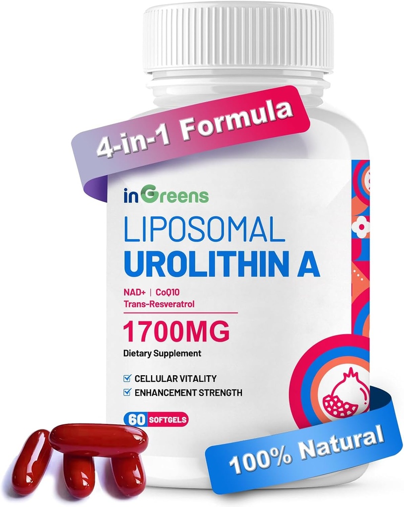 Urolithin A Supplement 1700mg med NAD +, CoQ10, Trans- Resveratrol tillæg for mænd kvinder, 60 Softgels for Daily Health and Antioxidant Support, Muskelenergi, Sund Aldring, Meget biotilgængelig