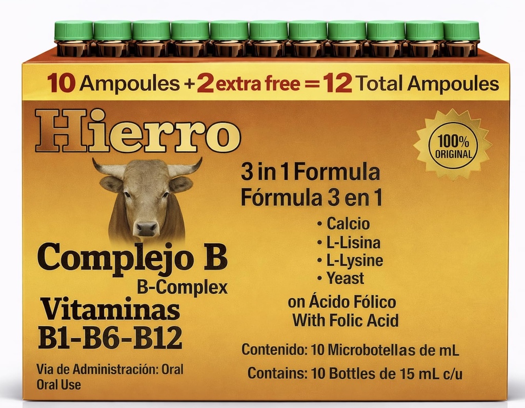 3en1 B Complex, Complejo B 1000 Shot | Multi-Vitamins,Calcium, L-Lysine | Box with 12 Ampoules of 15ml | Energy, Cognitive Function, and Metabolic Health Boost.