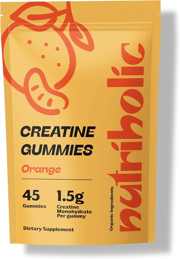 Creatine Monohydrate Gummies for Mænd og Kvinder - Let at vælge, Vegansk, Glutenfri, Non- GMO, 1,5 g Creatine per Gummy - 45ct (45 Greve, Orange)