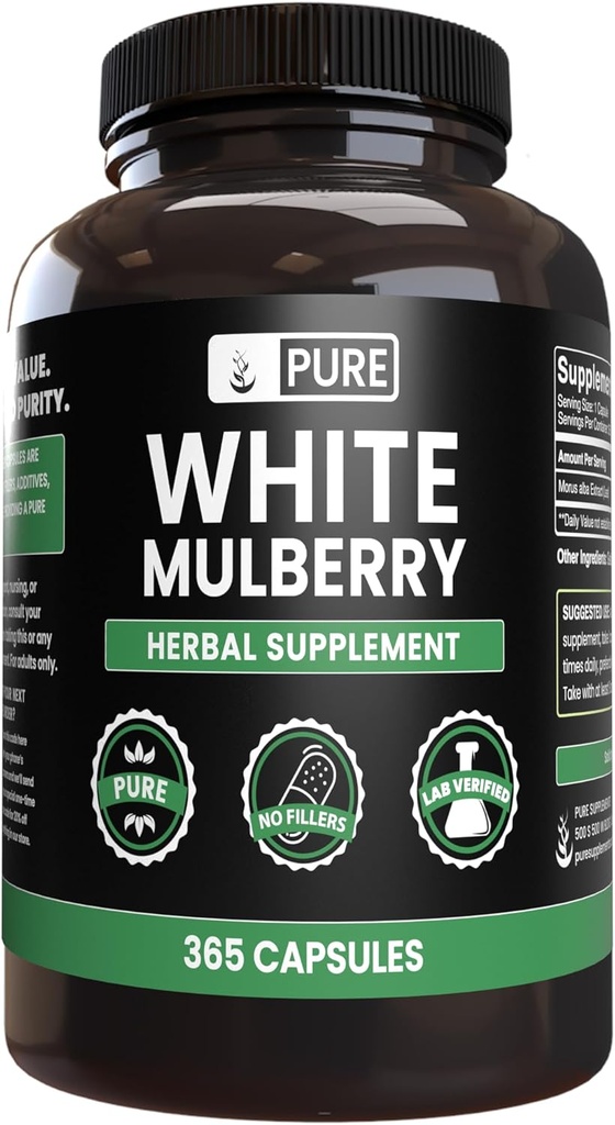 Pure Original Ingredienser White Mulberry (365 kapsler) Ingen Magnesium eller ris Fyldere, Altid Pure, Lab Verified
