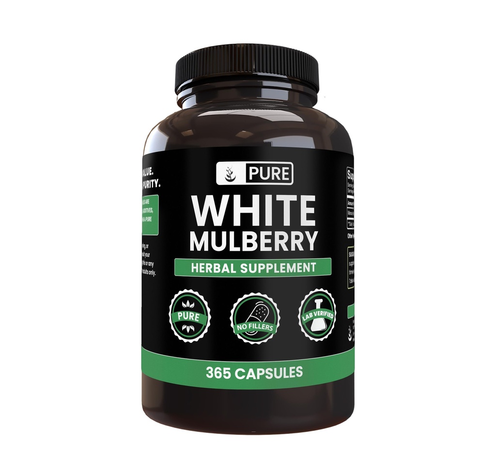 Pure Original Ingredienser White Mulberry (365 kapsler) Ingen Magnesium eller ris Fyldere, Altid Pure, Lab Verified