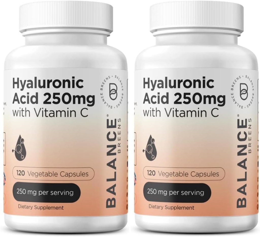 Pure hyaluronsyre Supplement 250 mg med C-vitamin 50mg, 120 Vegankapsler - Skin hydrering til naturlige glød, hår, negle, ben & fælles sundhed formel