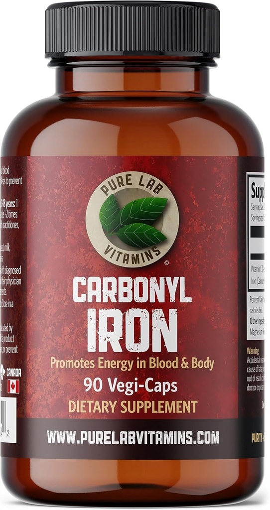 Pure Lab Vitaminer Carbonyl Iron - 90 Vegan Caps Unik Formulering af metallisk jern med VIT C, Superior Bioavability - Non- Constipating, Understøtter Red Blood Cell Formation Made in Canada