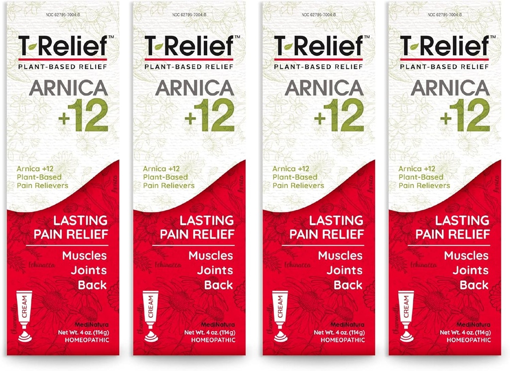 T-Relief Arnica + 12 Cream Natural Lemping Actives for Ryg Smerte Fælles ømhed Muskel Aches & Stifness, Hele kroppen hurtigt fungerende Relief for kvinder & mænd - 4 oz (4 Pack)