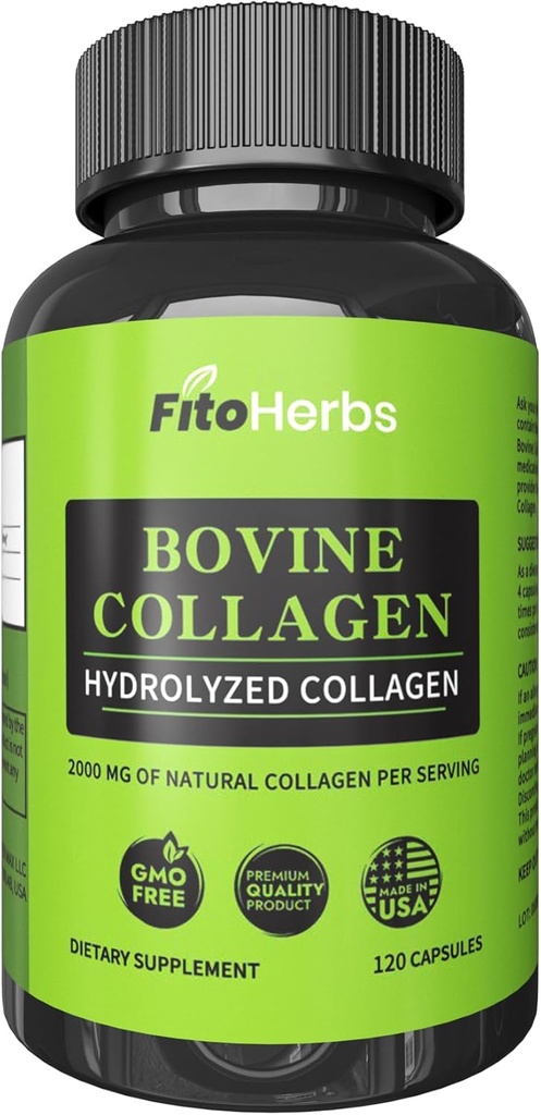 Vegansk bovin collagen kapsler - kraftfulde kosttilskud til mænd og kvinder - Hydrolyzed bovin collagen peptider supplement til fælles, nerve & ben støtte - Græs Fed, ikke-GMO - 120 kapsler