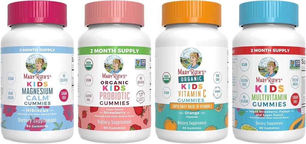 MaryRuth Organics Multivitamin, Probiotisk, Magnesium Calm, og C-vitamin Gummies til børn 124; Clean Label Project Verified ® - 124; Vitaminer for immunforsvar & Samlet sundhedsstøtte 124; Vegan, Non- GMO, Gluten Free