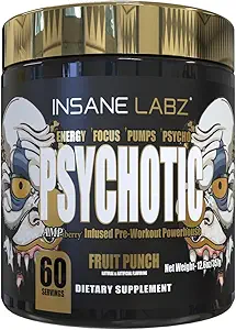 Insane Labz Psykotisk Guld, High Stimulant Pre Workout Powder, ekstrem vedvarende energi, Pumper og Endurance med Beta Alanine, DMAE Bitartrate, NO Booster (60 Servere, Frugt Punch)