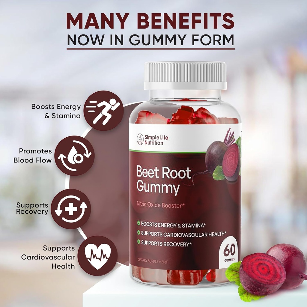 Organic Beet Root Gummies - Nitrooxid Booster til mænd og kvinder - Organic non-GMO Gluten Free Vegan Beets - 60CT