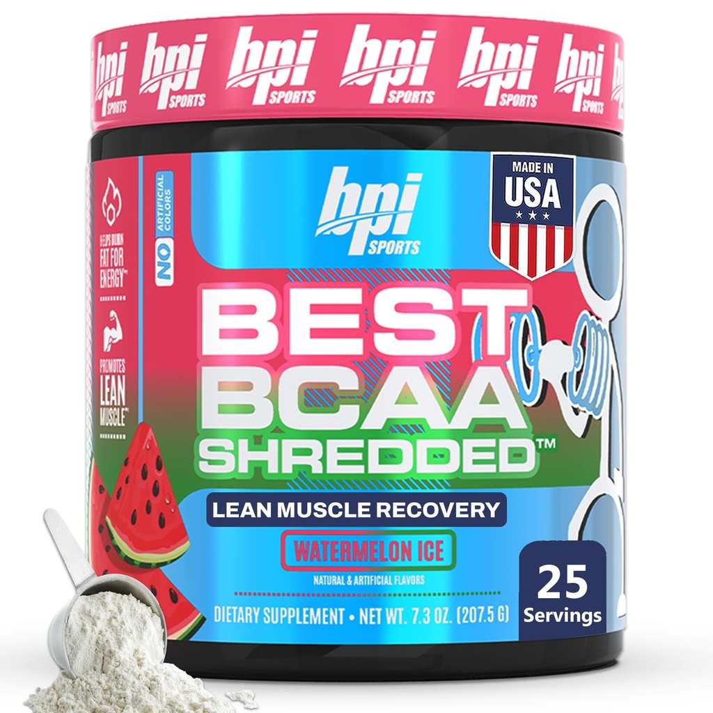 BPI Sport Bedste BCAA Shredded - Koffein Gratis termogenisk opsving drik, Lean Muscle Building BCAA pulver til kvinder og mænd, Fortræning BCAAs Aminosyrer Drink- Watermelon ICE - 25 Serveringer