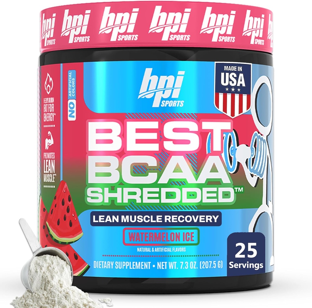 BPI Sport Bedste BCAA Shredded - Koffein Gratis termogenisk opsving drik, Lean Muscle Building BCAA pulver til kvinder og mænd, Fortræning BCAAs Aminosyrer Drink- Watermelon ICE - 25 Serveringer