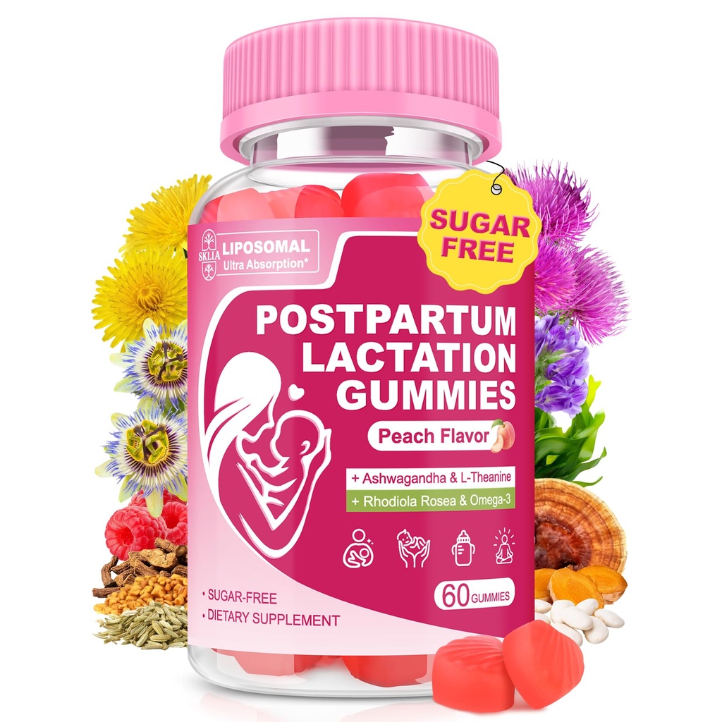 Liposomal Lactation Supplement | Postpartum Lactation Support Gummies, Natural Breast Milk Booster with Ashwagandha, L-Theanine & Omega-3 for Nursing Moms | Balance & Recovery | Peach Flavor, 60cts 1P
