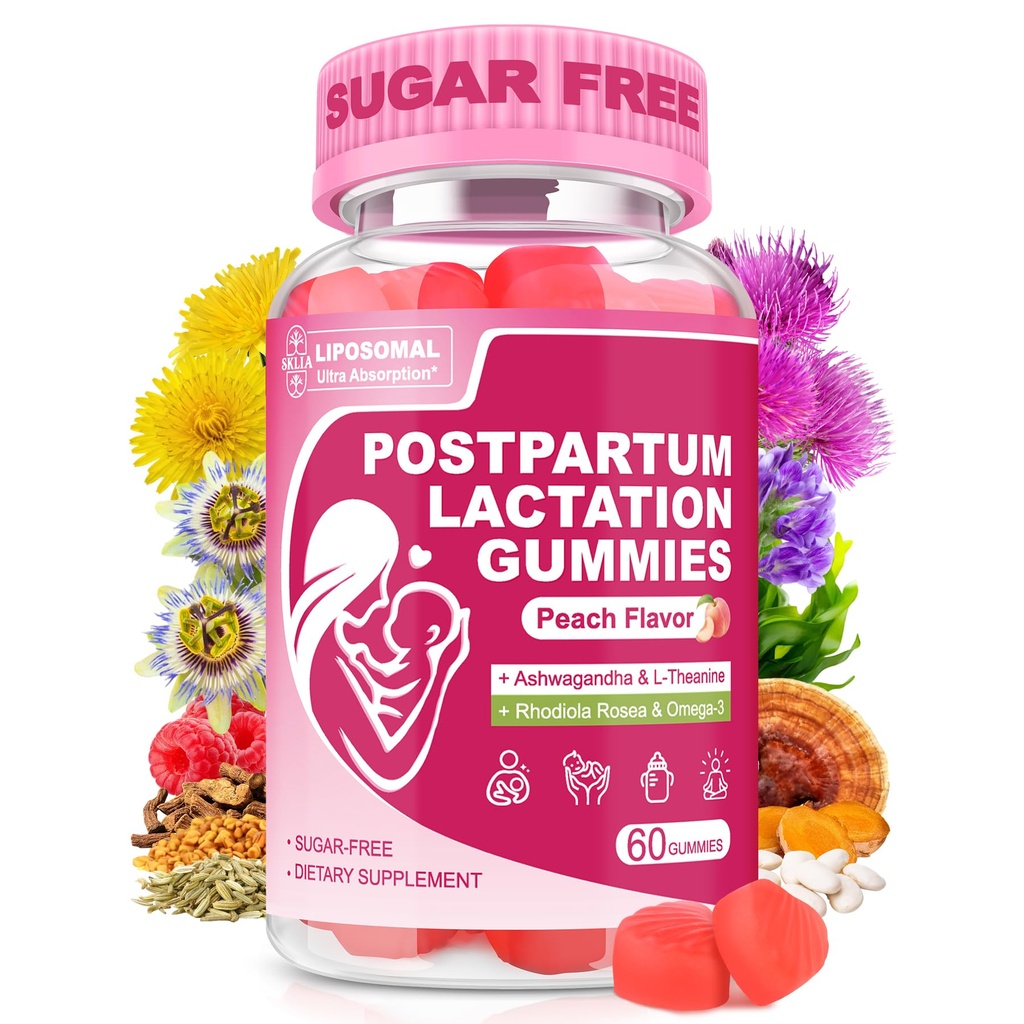 Liposomal Lactation Supplement | Postpartum Lactation Support Gummies, Natural Breast Milk Booster with Ashwagandha, L-Theanine & Omega-3 for Nursing Moms | Balance & Recovery | Peach Flavor, 60cts