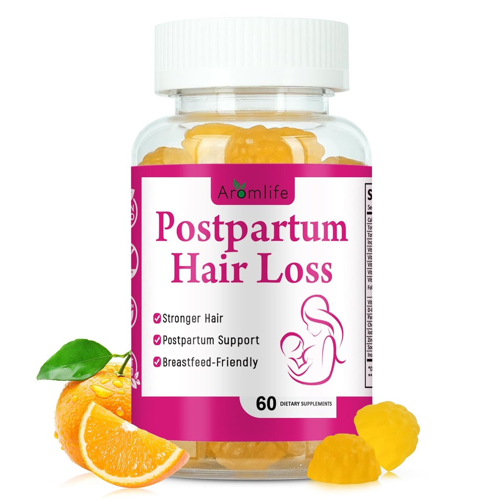 Aromlife Postpartum Hair Loss Gummies for Women Stronger Hair, Postpartum Hair Gummies with Biotin, Folate, Zine, Vitamin E, B6 & B12, 60 Count Vegan Breastfeeding-Friendly Postnatal Vitamins Gummy