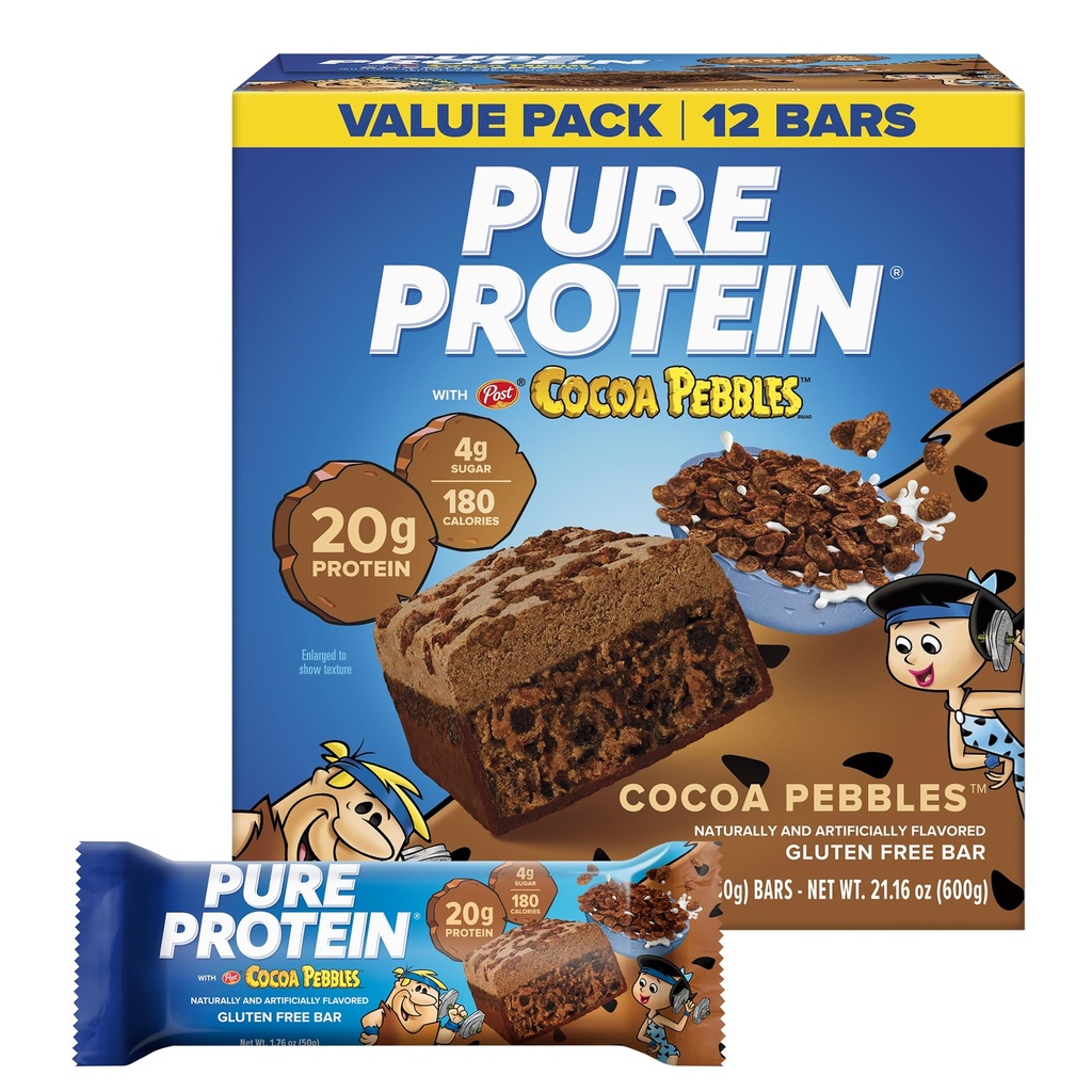 Pure Protein Cocoa PEBBLES™ Protein Bars – 20g Protein, 4g Sugar, 180 Calories (12 count) Low Sugar* High Protein Snack - Gluten Free - Perfect for a Healthy Snack.