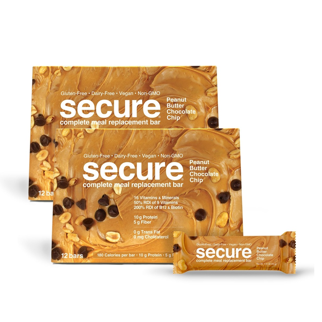 ANDREW LESSMAN Secure Bars 40g - Peanut Butter Chocolate Chip - High Protein & Fiber Snack - 24 Bars - Non-GMO, Gluten-Free, No Artificial Flavors, Vegan, Low Calorie Meal Replacement