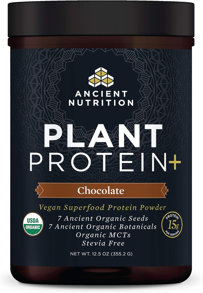 Ancient Nutrition Plant Protein Powder, Plant Protein +, Chokolade, Økologisk Vegansk Superfood Supplement, 15g Protein Per Servering, Gluten Free, Paleo Friendly 12 Servering