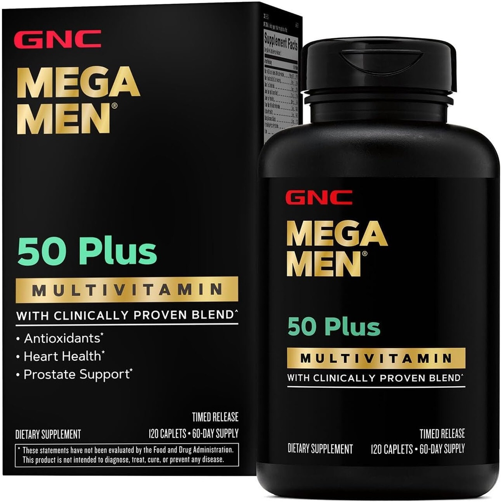 GNC Mega Mænd 50 Plus Multivitamin Caplets, Klinisk Proven, Heart & Prostata Sundhed, B Vitamin, Saw Palmetto, Hukommelse, D3- vitamin, 120 tæller
