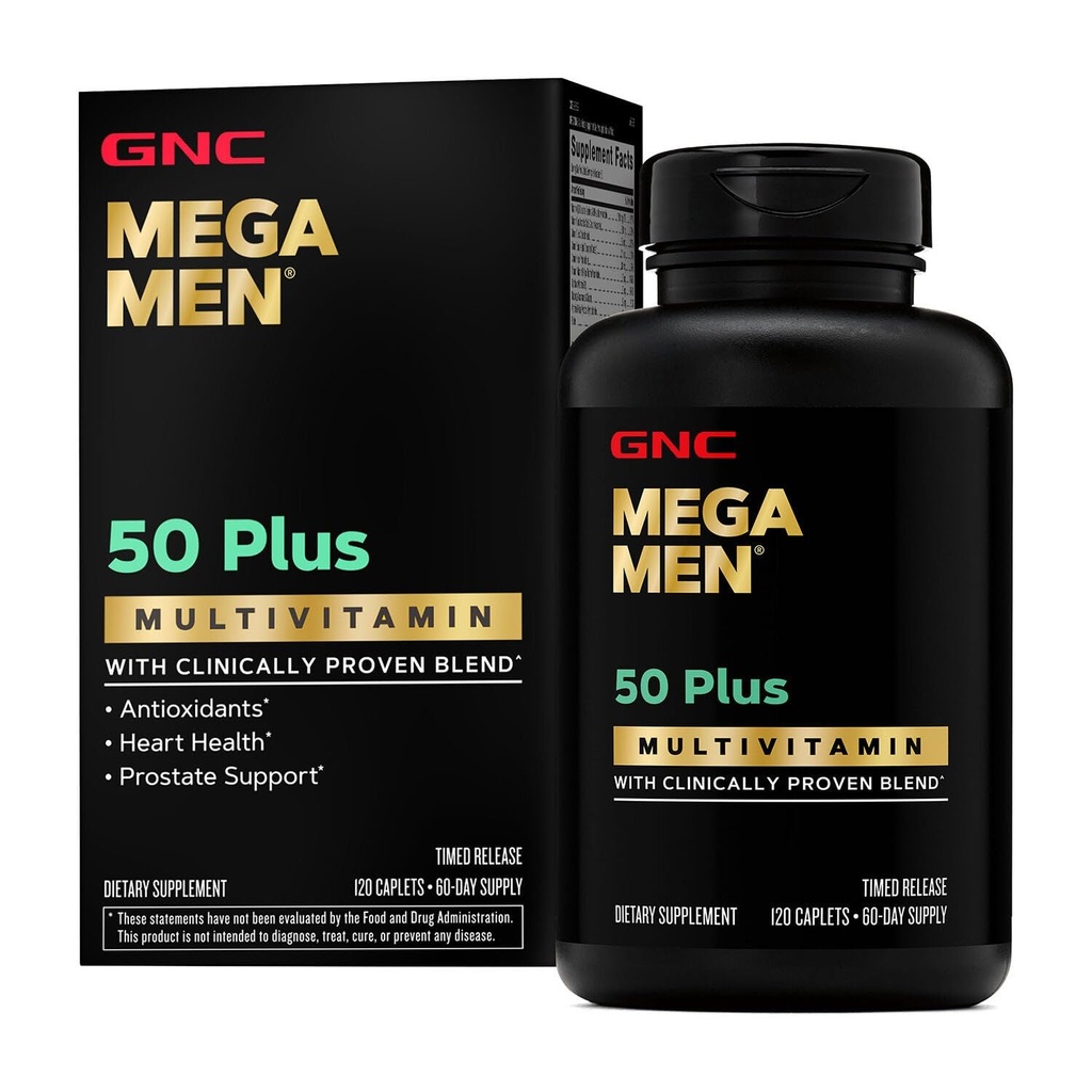 GNC Mega Mænd 50 Plus Multivitamin Caplets, Klinisk Proven, Heart & Prostata Sundhed, B Vitamin, Saw Palmetto, Hukommelse, D3- vitamin, 120 tæller