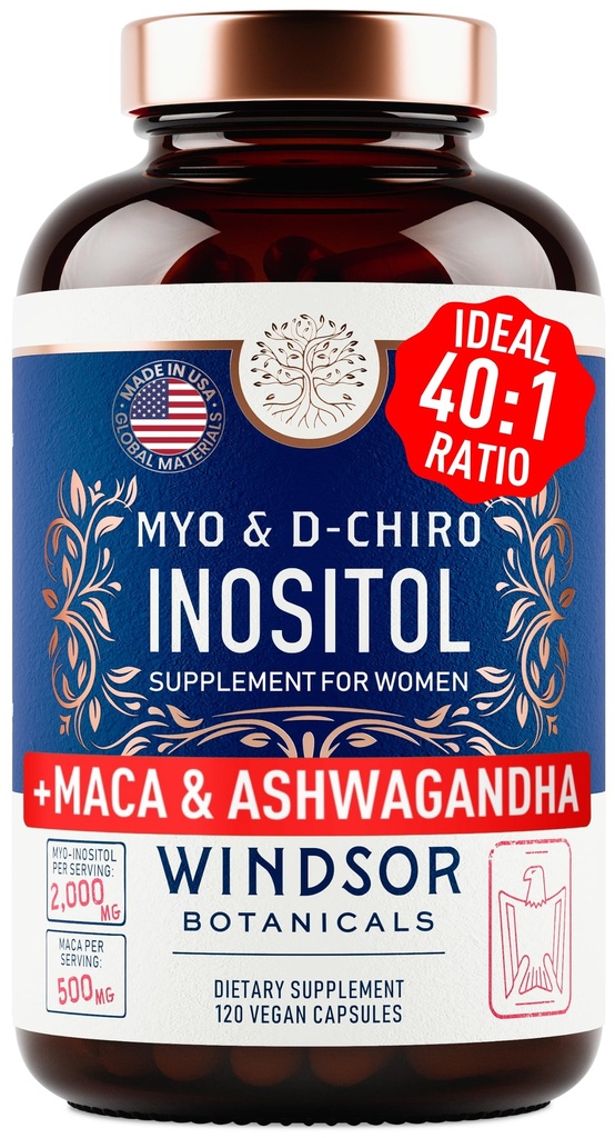 Myo og D- Chiro Inositol Supplement 40: 1 Ratio - 2000 mg Myo - Inositol plus Maca Root & Calming Ashwagandha - Sund ovarie Support Vitaminer og fertilitet Kosttilskud til kvinder - 120 Veganske kapsler