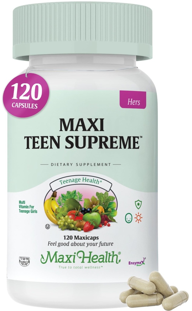 Teen Vitamin til piger 12- 17 - Teen Multivitamin D3, Jern, Calcium, Biotin, Zink, fordøjelsesenzymer - Teenager Girl Multi Vitamin til sund hud, immunforsvar og mood support - 120 Greve
