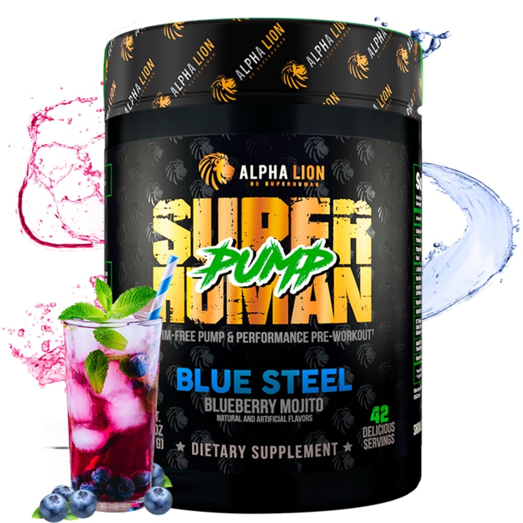 LEONA LION Superhuman Pump Pre Workout Powder, Nootrop Coffein & Stim Gratis Preworkout Supplement, Nitroc Oxide Booster, Muscle Gainer, Energy & Focus (42 Serveringer, Blueberry Steel Flavor)