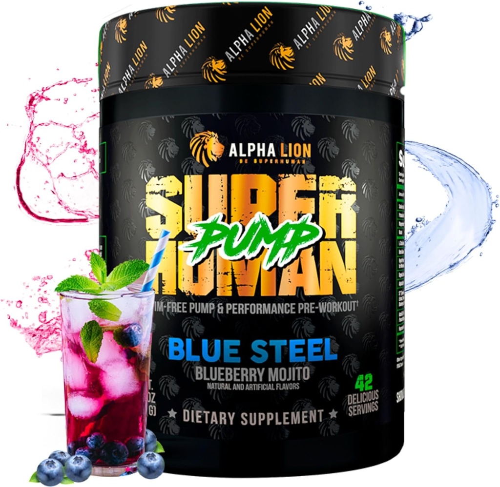 LEONA LION Superhuman Pump Pre Workout Powder, Nootrop Coffein & Stim Gratis Preworkout Supplement, Nitroc Oxide Booster, Muscle Gainer, Energy & Focus (42 Serveringer, Blueberry Steel Flavor)