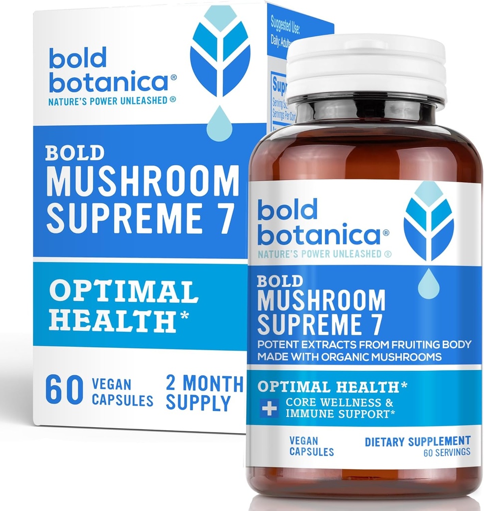 Bold Botanica Mushroom Supreme 7 – Mushroom Supplement – Organic Extracts of Turkey Tail, Chaga, Phellinus, Reishi, Cordyceps, Maitake, Shiitake for Immune Support & Optimal Wellness, 60 Caps