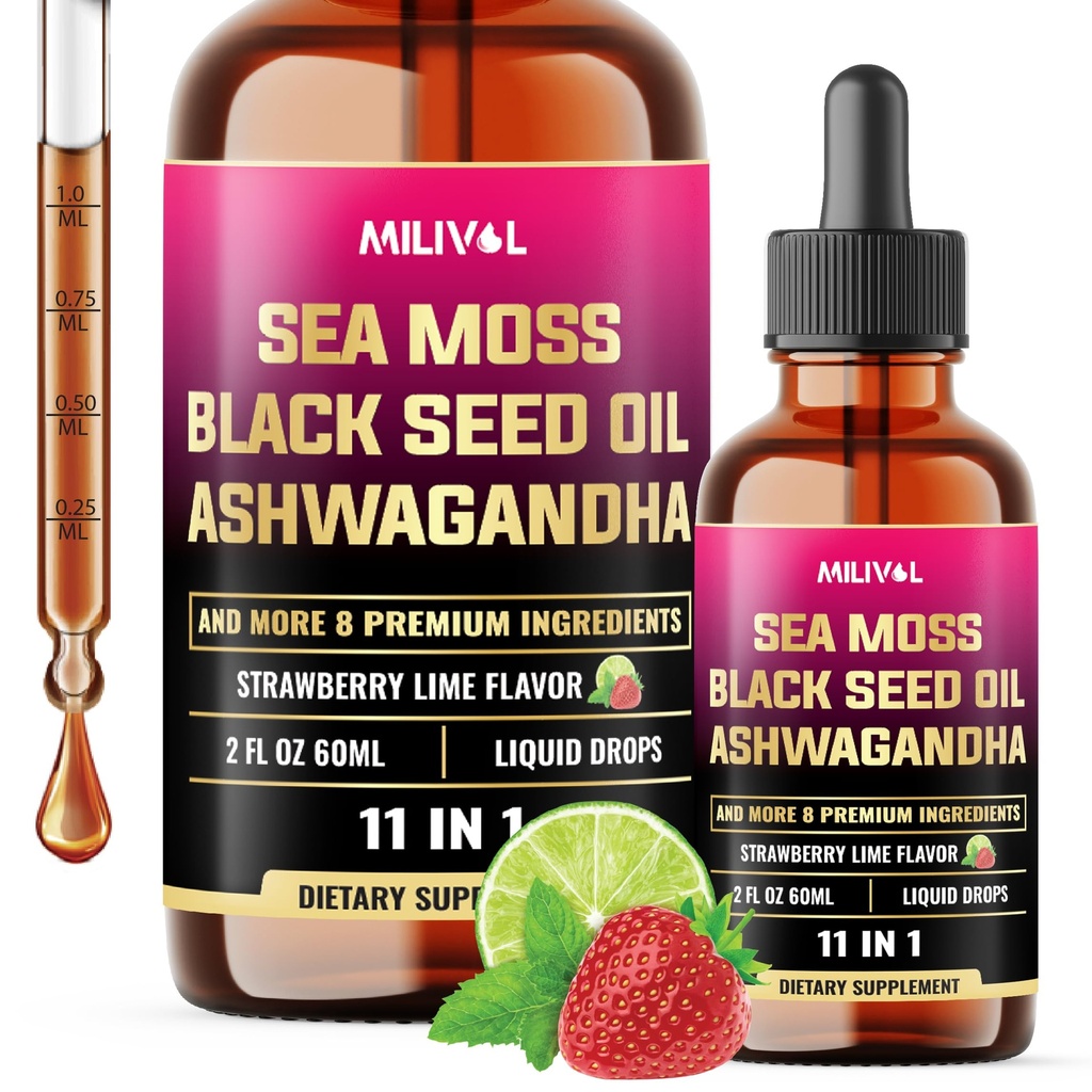 11in1 Sea Moss Liquid Drops - Irish Sea Moss with Black Seed Oil, Ashwagandha & 8 Other - Supplement for Immune, Skin, Digestion - 2 Fl Oz - 60 Days
