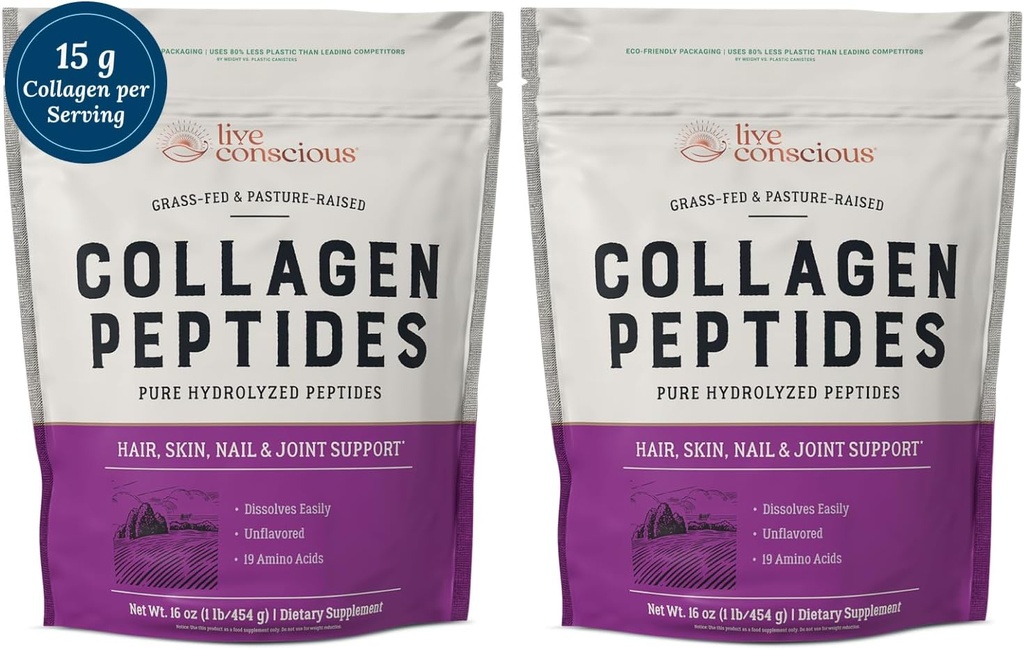 Live Bevidst Collagen Peptider pulver - hår, hud, negle og fælles støtte - Type I & III Collagen - Naturligt -sourced hydrolyseret protein - 16oz (2 - Pack)