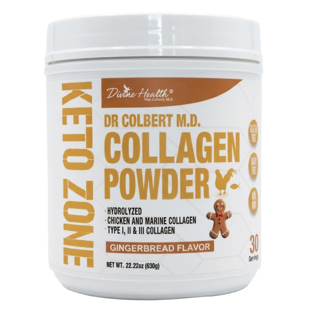 Divine Health Dr. Colbert, MD Hydrolyzed Collagen Powder | Gingerbread Flavor Type I, II, III Chicken & Marine | Hair, Skin & Nails | Recommended in Keto Zone | 630g | 30 Servings