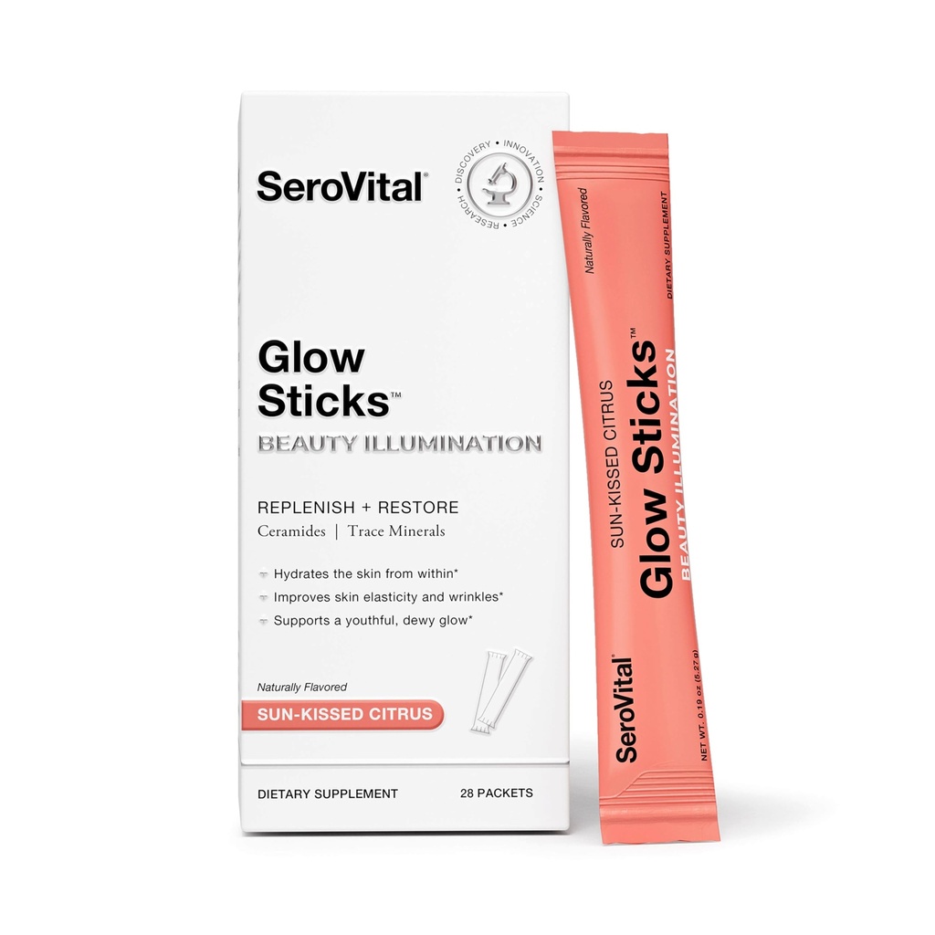 Serovital Glow Sticks Sugar- Free Powder Drink Mix med Hyaluronsyre Ceramider Elektrolyter til hudhygiejne i 14 dage Sun- Kissed Citrus Flavor 28 Pakker