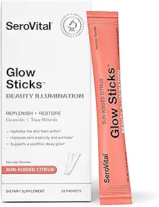 Serovital Glow Sticks Sugar-Free Powder Drink Mix with Hyaluronic Acid Ceramides Electrolytes for Skin Hydration in 14 Days Sun-Kissed Citrus Flavor 28 Packets