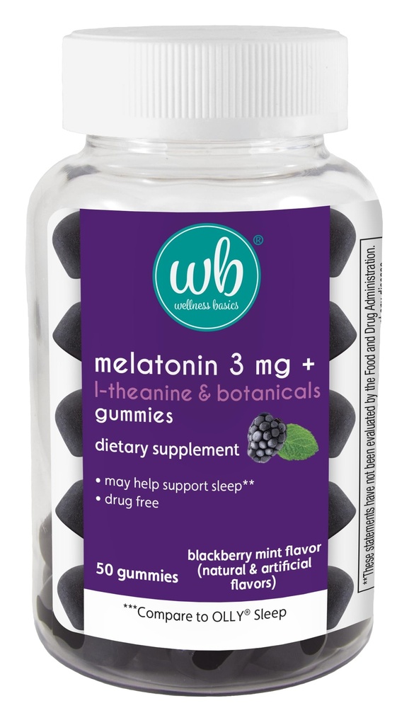 Wellness Basics Melatonin Gummy for Restful Sleep | 3mg per Serving | Natural Sleep Support | BlackBerry Mint Flavor | L-Theanine & Botanicals | 50 Count