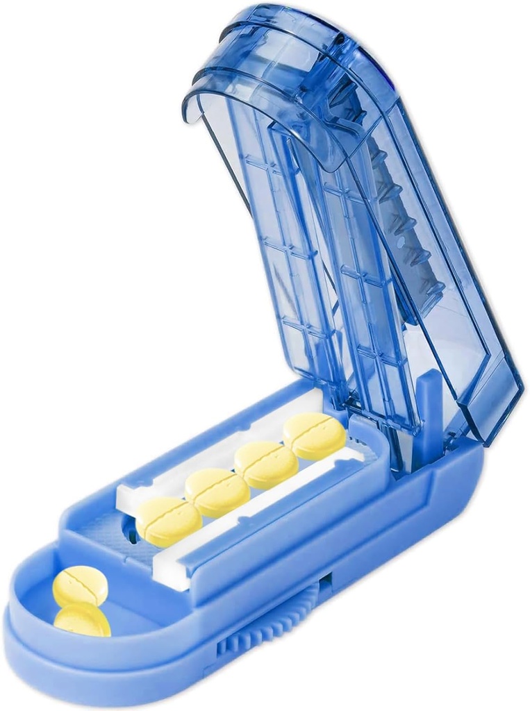 Pill Cutter Splitter for Small and Tiny Pills, Adjustable Tablet Splitter Accurately Cuts Multiple Pills at Once. Sharp Blade with Safety Guard. (Klein Blue)