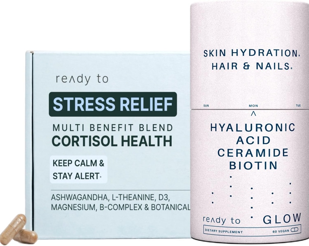 Skin & Stress Relief Set Note 124; Cortisol Sundhed & Anti- Aging Kosttilskud med Ashwagandha, Hyaluronsyre, Ceramider, Biotin & Antioxidants
