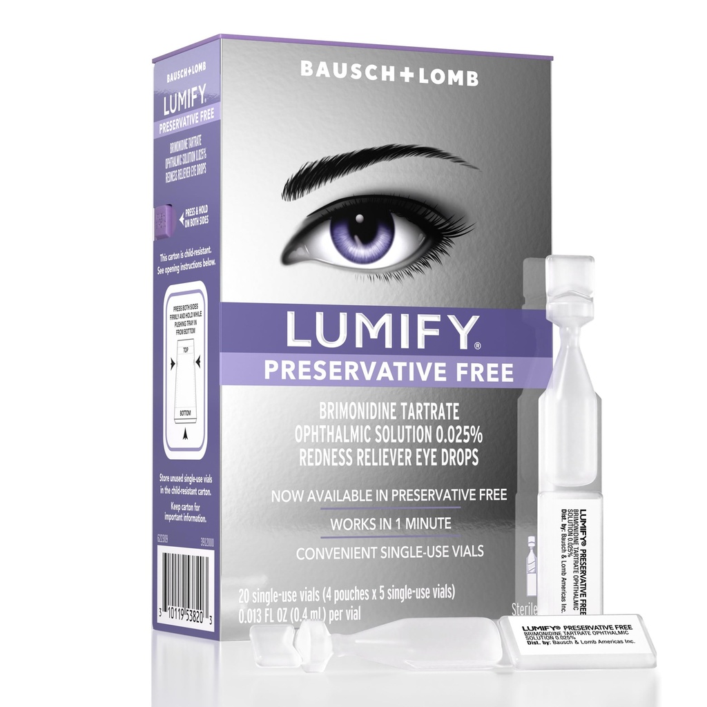 LUMIFY Preservative Free Eye Drops for Red Eyes, Redness Reliever for Sensitive Eye, Brighter and Whiter Looking Eyes, Works in 1 Minute & Lasts Up to 8 Hours, 20 Single-Use Vials