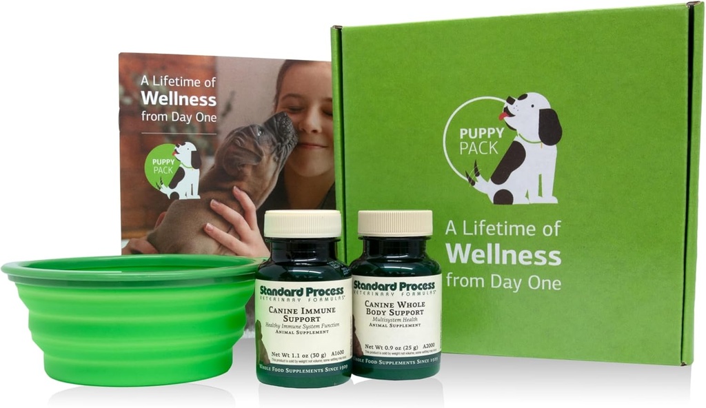 Standard Process Puppy Pack - Canine Immuno & Whole- Body Support Powder Kosttilskud - Puppy Support Kit med Canine Hele Body Support & Canine immunsystem Support - Inkluderer Collapsible Water Bowl