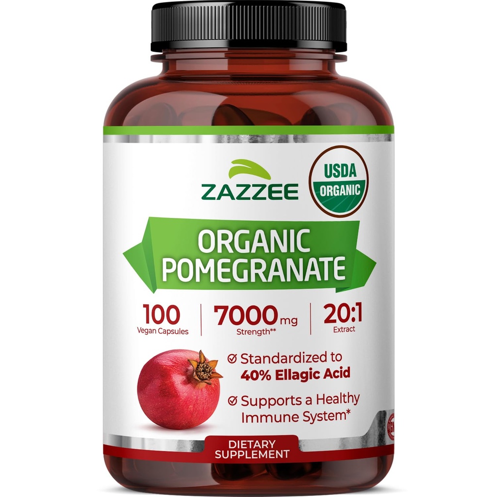 Zazzee USDA Organic Pomegranate 20:1 Extract, 40% Ellagic Acid, 100 Vegan Capsules, 3+ Month Supply, Punica Granatum, Antioxidant, Immune & Polyphenol Support, All-Natural, Non-GMO, Made in the USA