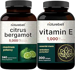 NatureBell Vitamin E Oil Softgels, 1.000iu Per Serving & Citrus Bergamot Veggie Capsules 5.000 mg Ækvivalent Bundle Pack Removal 124; Nemt Absorberet Formular Removal 124; High Antioxidant Level