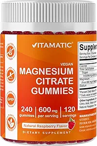 Vitamatisk Magnesium Citrate Gummies 600mg per servering - 240 Vegan Gummies - Natural Raspberry Flavor - Høj Absorption Magnesium supplement - Understøtter nerve, ben og muskel sundhed