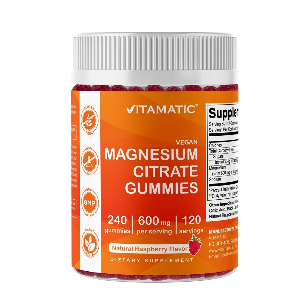 Vitamatisk Magnesium Citrate Gummies 600mg per servering - 240 Vegan Gummies - Natural Raspberry Flavor - Høj Absorption Magnesium supplement - Understøtter nerve, ben og muskel sundhed