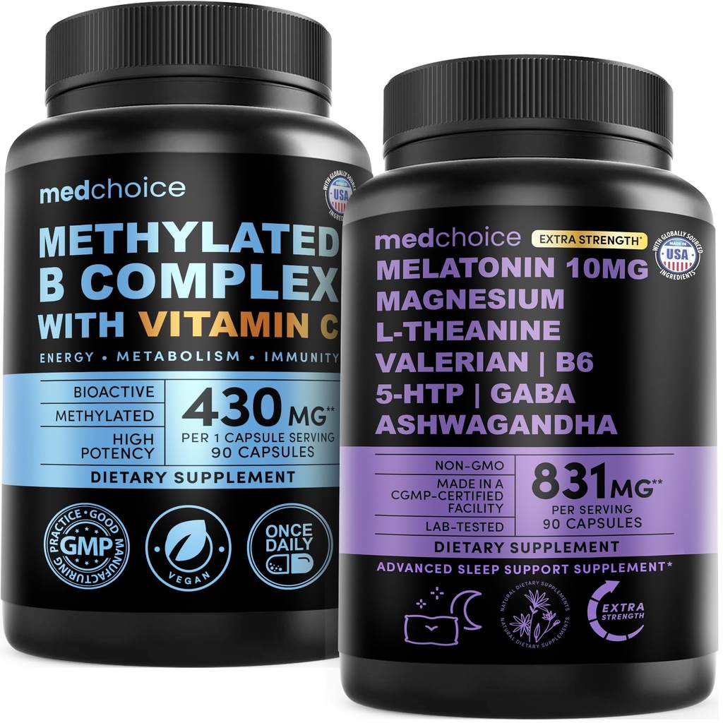 MEDCHOICE Methyl B Complex Capsules and Melatonin Sleep Extra Strength 10mg Melatonin - Active B Vitamin Complex and Nightly Sleep Support with Magnesium and Ashwagandha