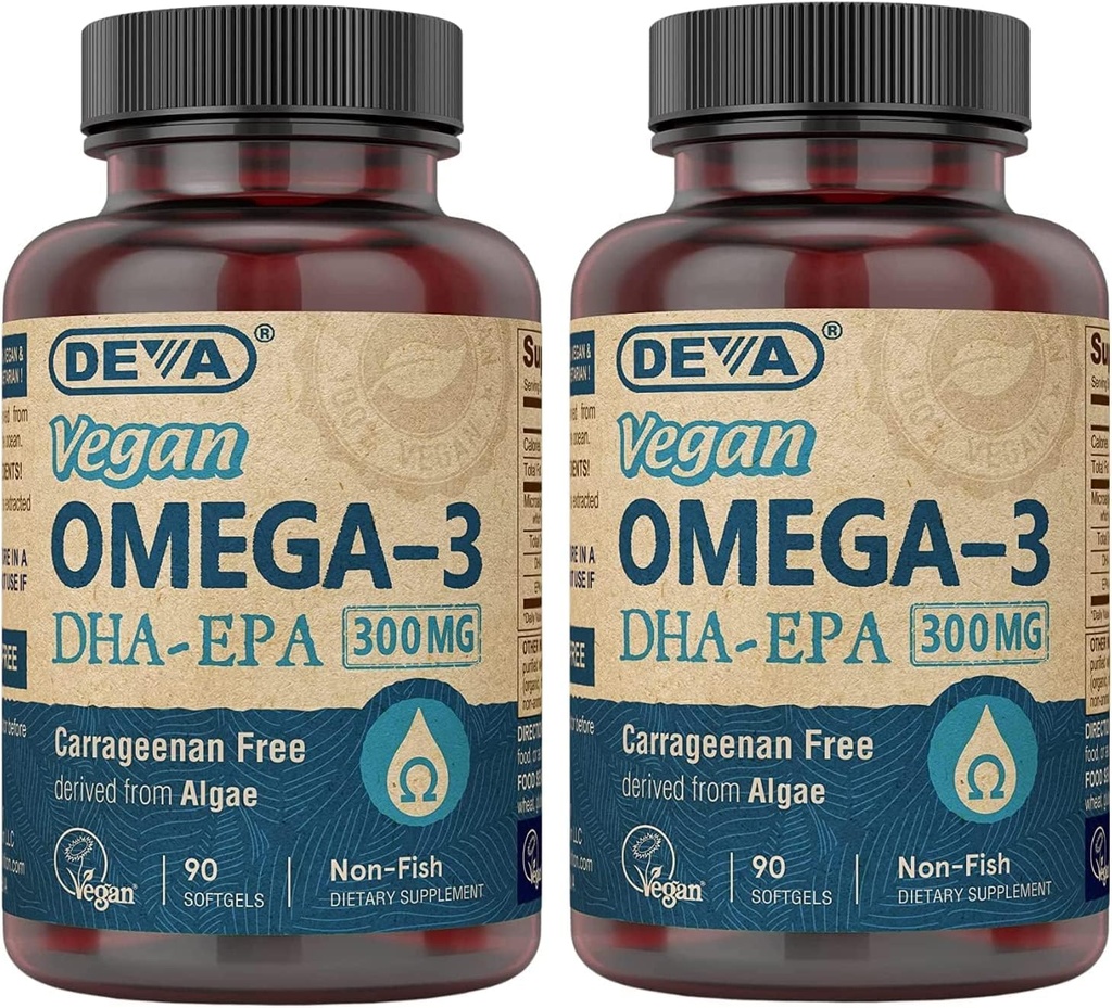 DEVA Vegan DHA- EPA Nutritional Supplement, Non-Fish Derived from Algae, 300 mg Potency, 90 Vegetar Softgels - Pack of 2