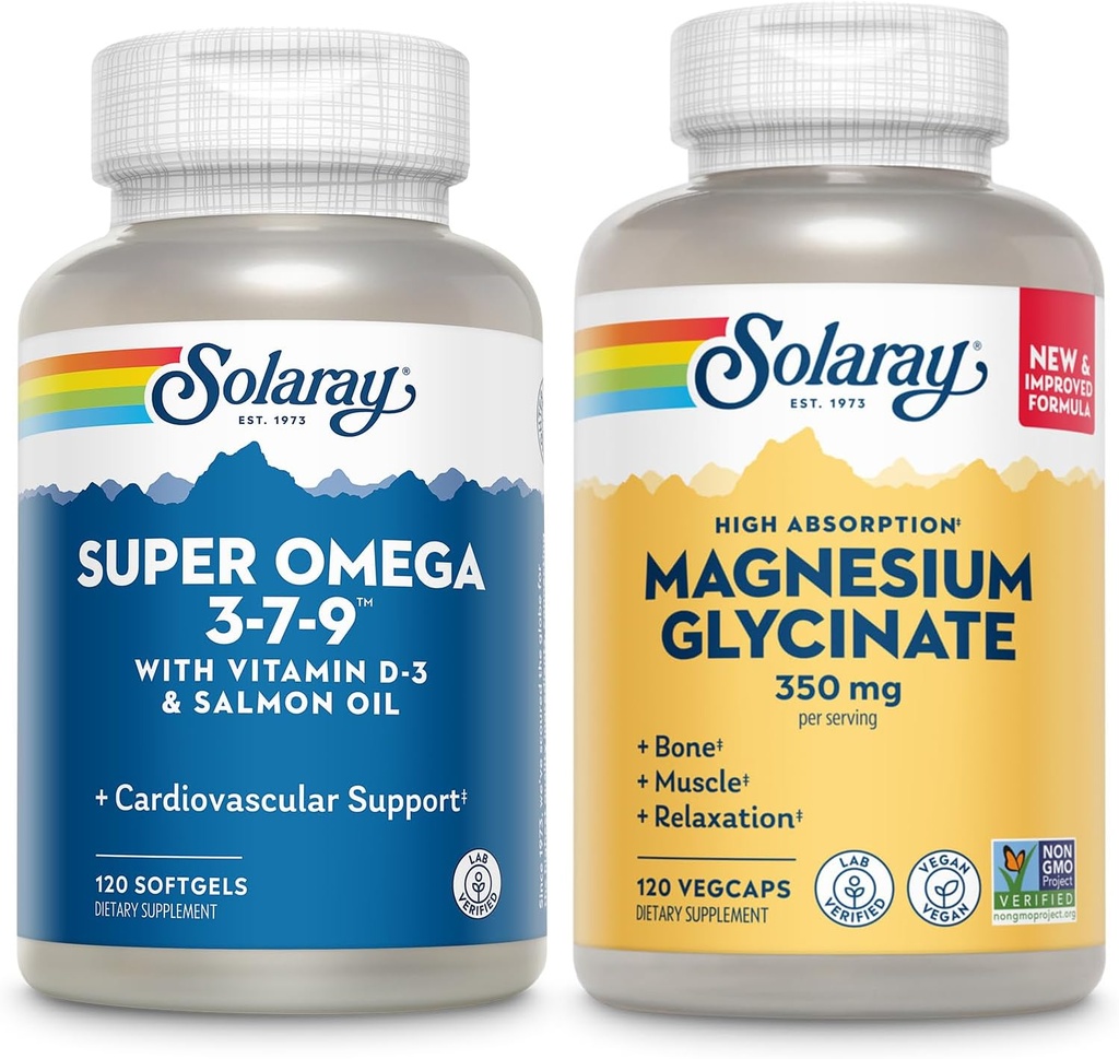 SOLARAY Super Omega 3, 7, 9 og Magnesium Glycinate Bundle - Essential Fedtsyrer og Chelated Magnesium Gisglycinate for Sund Hjerte, Knogler, og Afslapning Support - 120 Softgels, 275 VegCaps