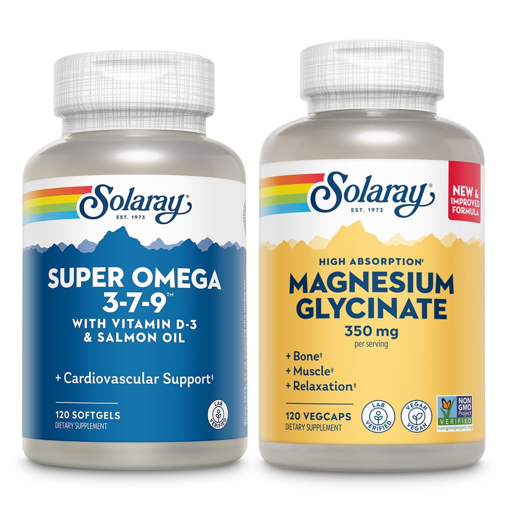 SOLARAY Super Omega 3, 7, 9 og Magnesium Glycinate Bundle - Essential Fedtsyrer og Chelated Magnesium Gisglycinate for Sund Hjerte, Knogler, og Afslapning Support - 120 Softgels, 275 VegCaps